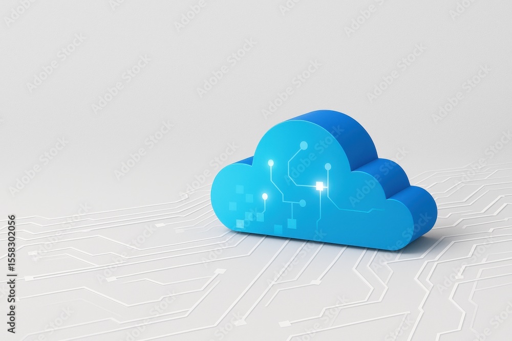 Poster cloud data processing: a stylized blue cloud icon, adorned with digital circuitry, sits on a clean w