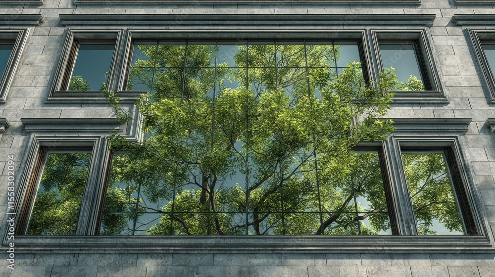 Poster a building with a green tree reflected in its windows