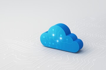 Cloud Computing Concept: An inviting depiction of cloud computing, with a digitally rendered blue cloud, and circuit board background, perfect for illustrating data storage and digital connectivity.