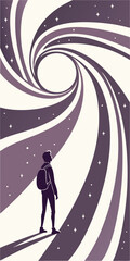 A man with a backpack looking up to a spiral vortex with stars in a purple sky