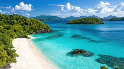 Fototapeta premium pristine tropical beach with white sand, clear turquoise water, and lush green islands under a partly cloudy blue sky.
