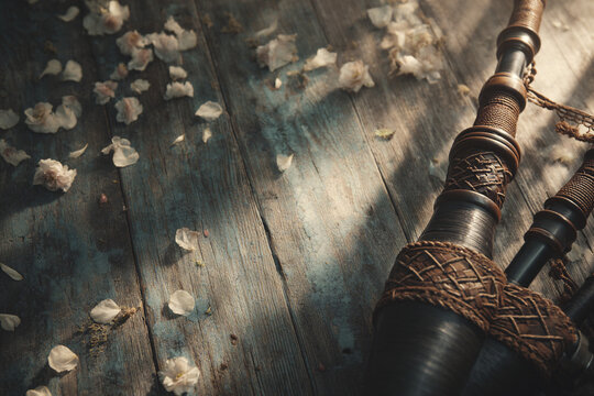 Bagpipes and folklore festival concept: Galician gaita (bagpipes), braided cords, Celtic knot motifs, wooden stage background, scattered flower petals, dramatic shadows, overhead layout