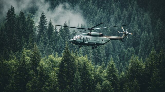 Helicopter over misty forest - Powered by Adobe