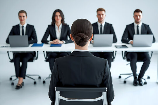 A female job applicant facing an interview panel of four professionals in a modern corporate Office. job interview, female applicant, interview panel, hiring process, recruitment, formal interview
