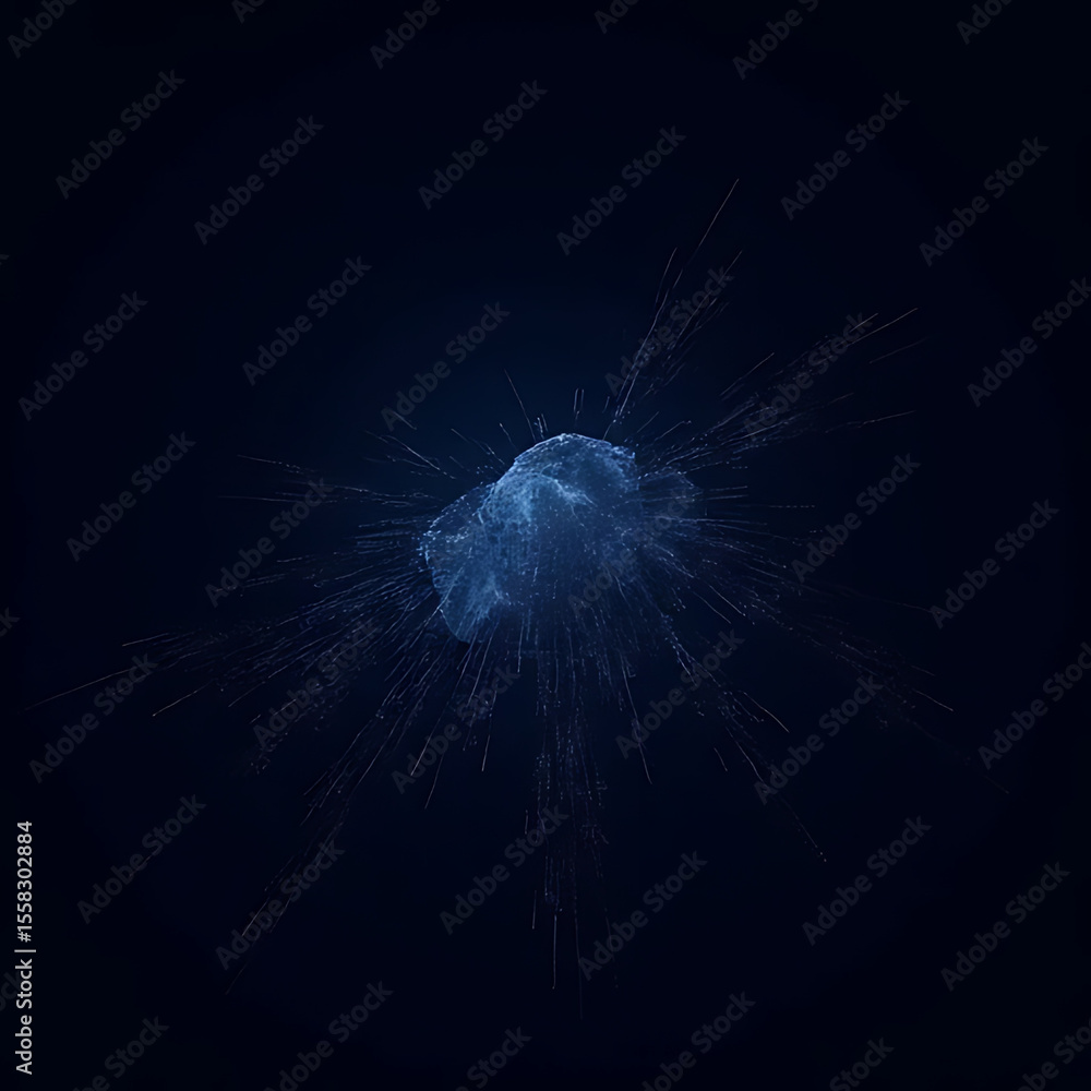 Poster abstract blue cloud bursting with particle trails on dark background