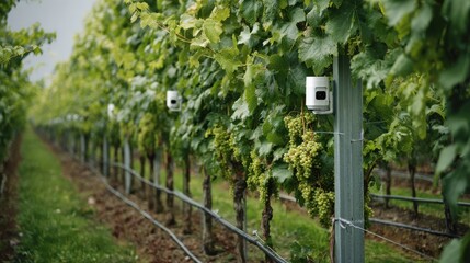 Cutting edge IoT sensors installed in a vineyard continuously monitoring and collecting crucial data on moisture and temperature levels to enable precision driven sustainable agriculture practices