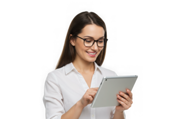 Woman smiles while using a tablet device on transparent background