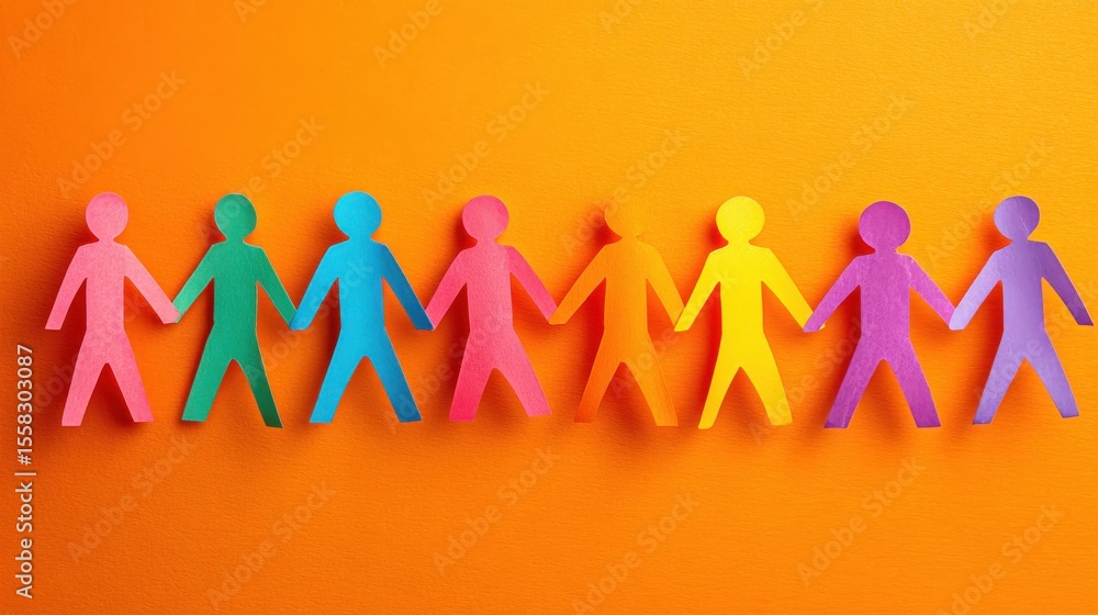 Poster colorful paper figures of different shapes and sizes holding hands symbolizing community and friends