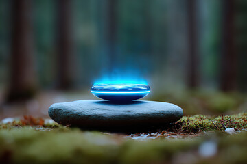 Meditation orb levitating above a smooth stone in a tranquil forest setting