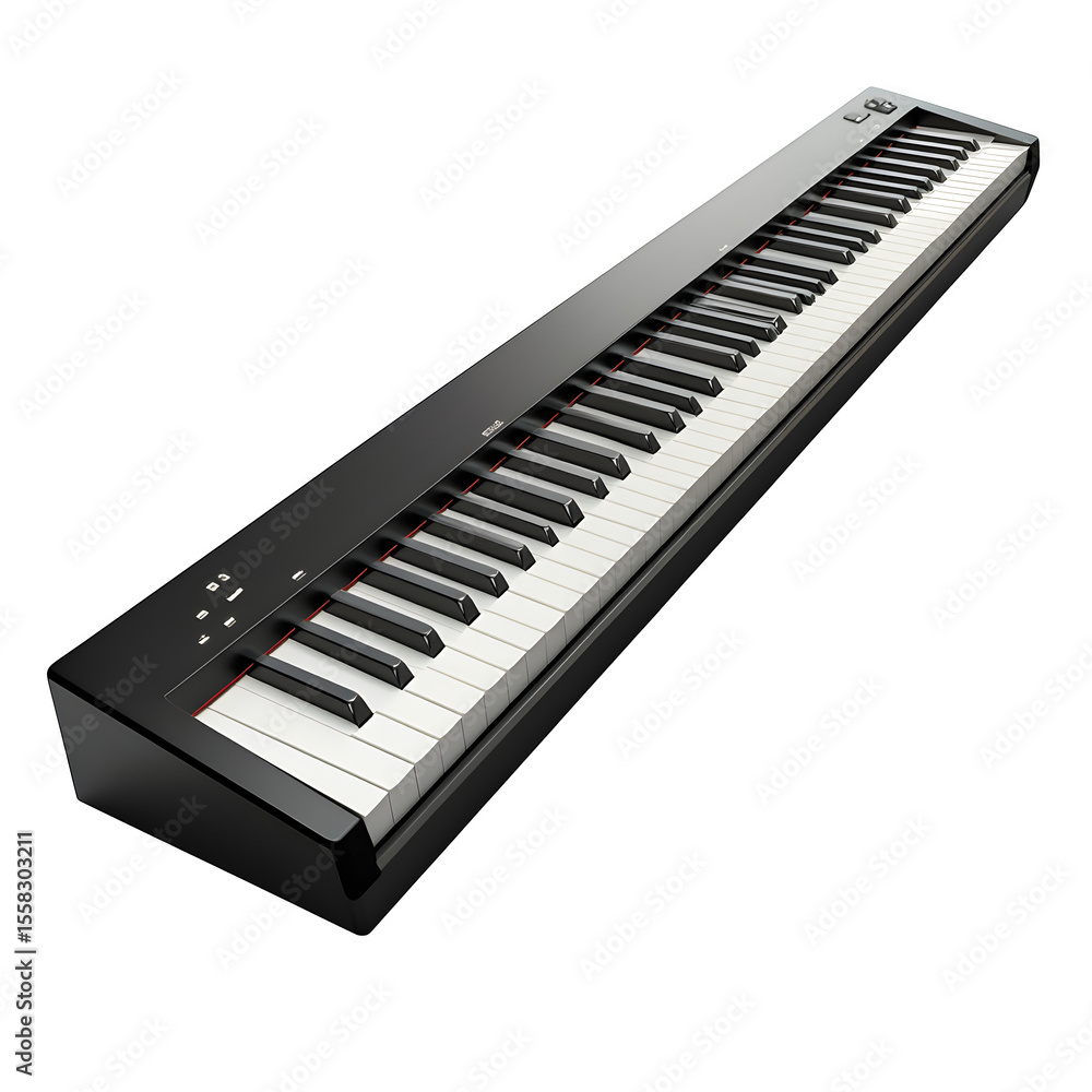 Poster hyper realistic segment piano keyboard perfect side profile view, isolated pure white background sub