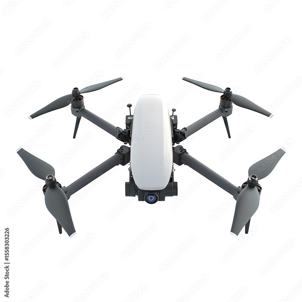 Poster hyper realistic security drone face scanner module isolated pure, white background subtle soft shado