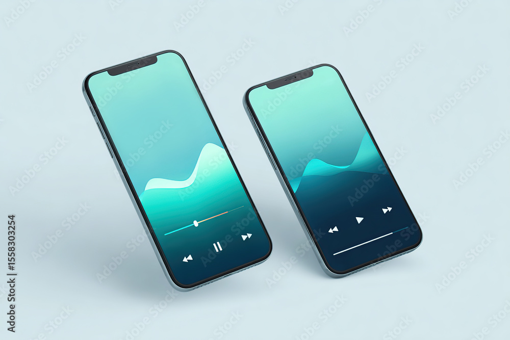 Poster modern smartphones displaying music player interfaces with gradient backgrounds