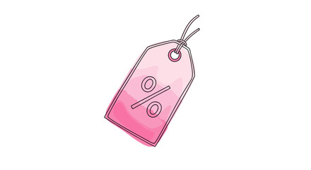 Pink discount tag icon with percent symbol – One Line Doodle illustration with Watercolor Fill