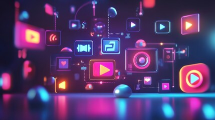 Fototapeta premium Abstract digital media icons float in a vibrant network, glowing with neon colors. A reflective surface is below