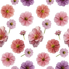 A seamless pattern of various pink and purple flowers on a black background