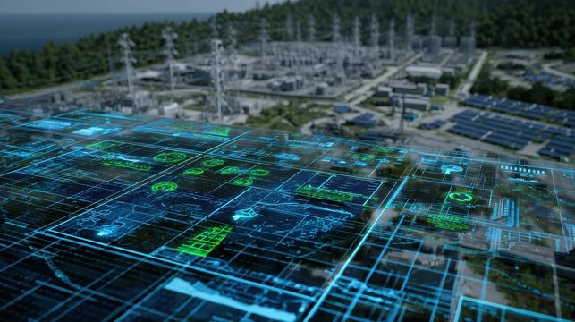 The digital computer display showed a grid of blue digital lines and green icons on it. In the background was an electric power station surrounded by solar panels