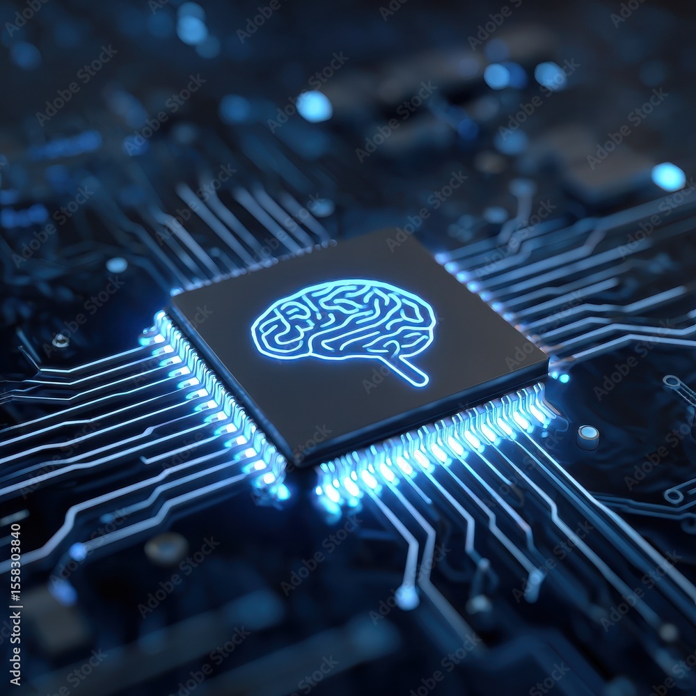 Poster abstract blue digital technology background with chip and brain icon on dark virtual circuit board f