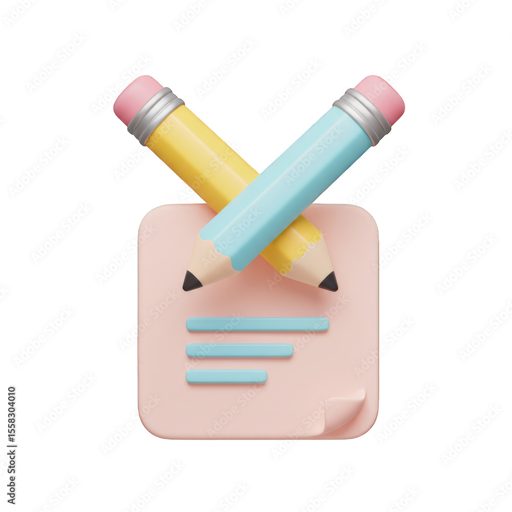 Poster two colorful pencils crossed over a pink notepad with writing isolated on transparent background