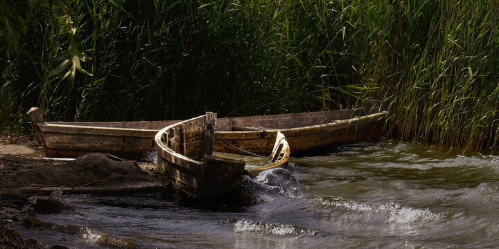 Old wooden boats on a lake shore, partly sunken, surrounded by reeds and gentle waves. Rural and natural scene.