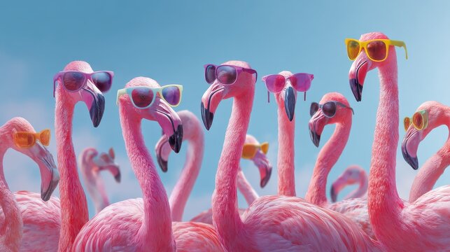 Happy Birthday, summer party, travel carnival festive celebration, funny animals card banner panorama - Group collection set of. colorful flamingos with sunglasses, isolated on blue background