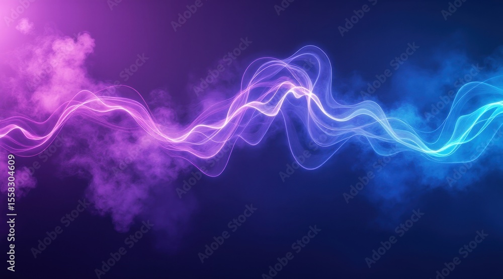 Poster abstract neon light waves in purple and blue hues swirl on a dark background with smoky mist effects