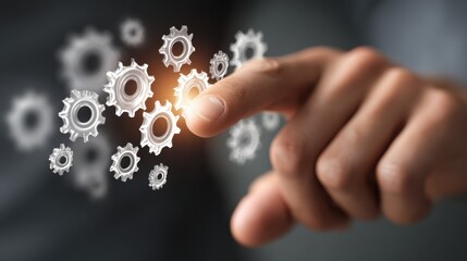 transfer data between application, closeup hand touching gears icon on network