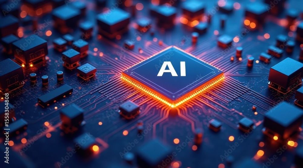 Poster a glowing ai chip is at the center of a futuristic circuit board with intricate connections and illu