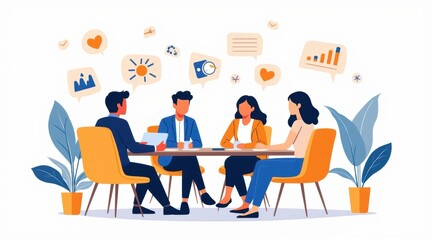 Four diverse professionals collaborate around a table, sharing ideas and data in a modern office setting with digital icons floating above them.