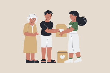 Illustration of Volunteers Donate Boxes to the Family of an Elderly Woman