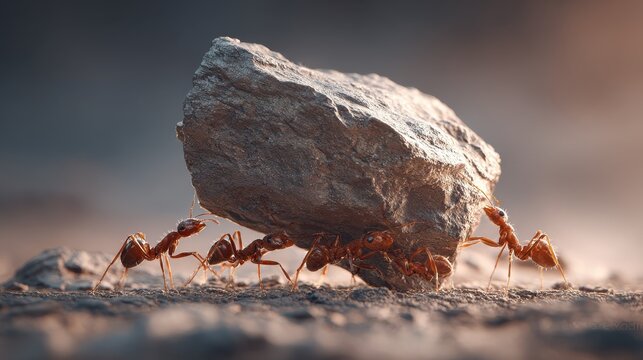 Realistic photo of a group of ants working together to lift a large rock, demonstrating teamwork and collaboration -