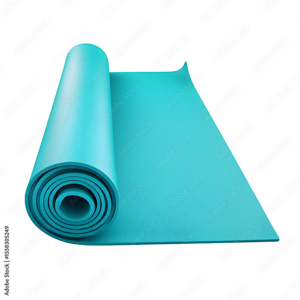 Poster hyper realistic rolled yoga mat turquoise color isolated pure, white background subtle soft shadow c