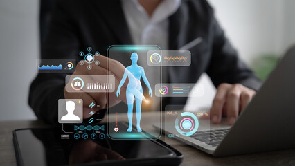 The concept of health tracking application, healthcare technology, body analysis with AI to report...