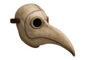 Medieval plague doctor mask with beak and eye holes isolated on transparent background, representing protection and history