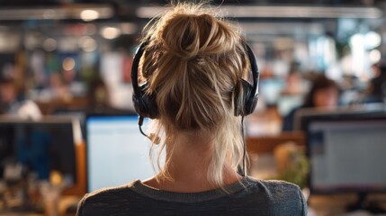 Back View of Customer Service Representative at Busy Call Center Office