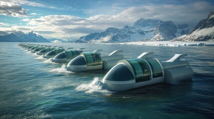 Fototapeta premium Future pods float on ocean before snowy mountains and cloudy sky. Perfect for illustrating futuristic technology or climate change themes.