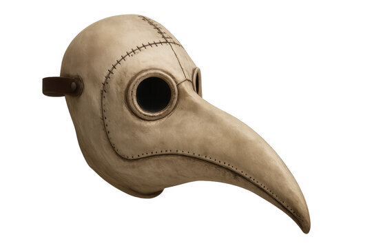 Medieval plague doctor mask with beak and eye holes isolated on transparent background, representing protection and history