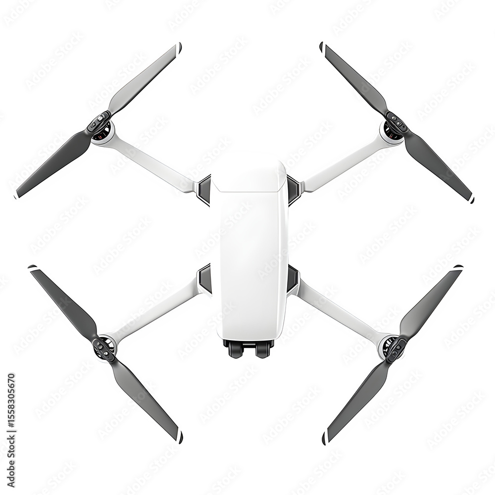 Poster hyper realistic white drone top down bird s eye, view extended propellers isolated pure background s