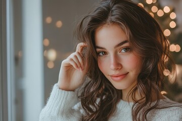 Fototapeta premium Women hairdo makeup routine. Young woman using an iron hair curler to style her long hair at home, preparing for the day, Generative AI