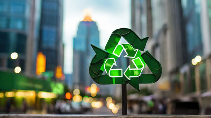 Recycling symbol against cityscape