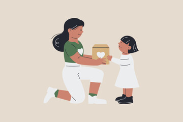 Woman Giving Donation Box to Orphan Kid Illustration