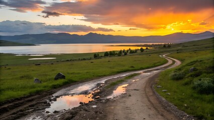 Winding dirt road through a grassy landscape leading to a tranquil lake at sunset with dramatic orange clouds