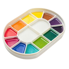 A palette with vibrant watercolors arranged in sections.