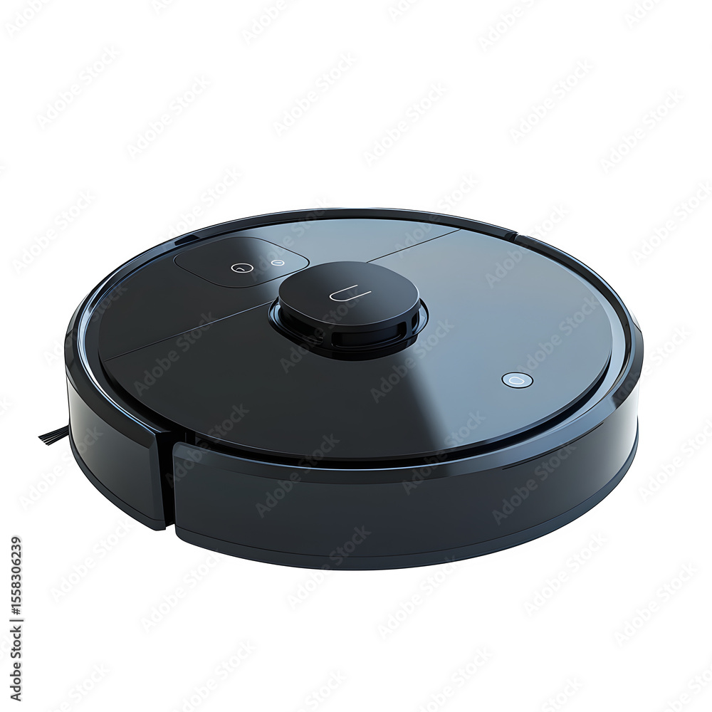 Poster hyper realistic robotic vacuum low profile black robot lidar, dome isolated pure white background su