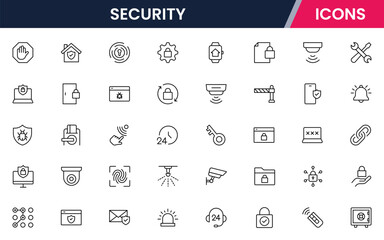 Vector line icons of locks, shields, passwords, surveillance, cybersecurity, encryption, antivirus, biometrics, and data protection perfect for apps, websites, and tech platforms.