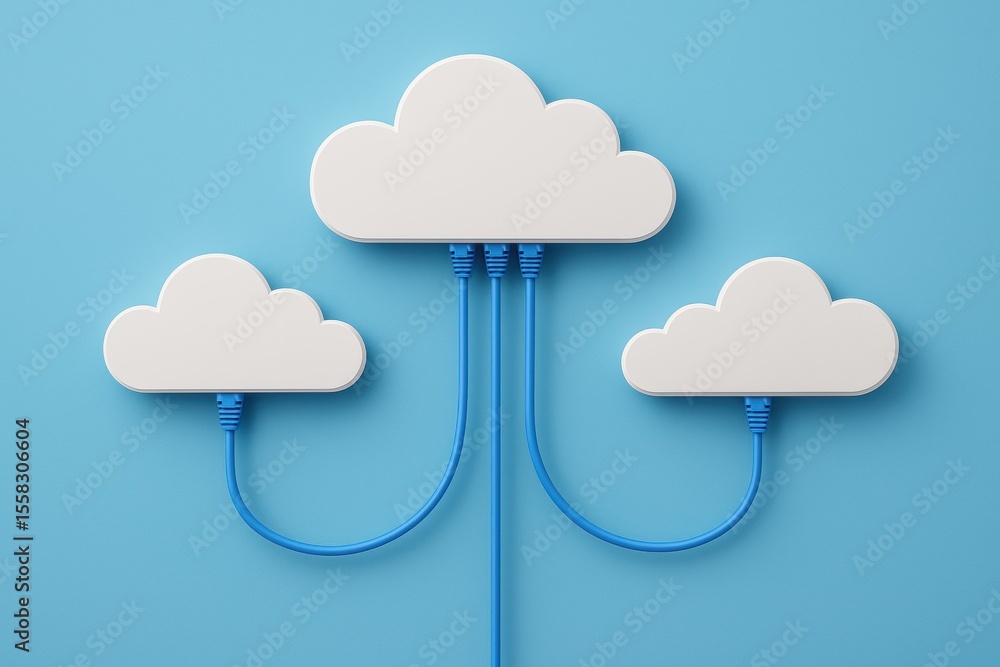 Poster cloud computing: a modern minimalist representation of cloud computing. three fluffy white clouds ar