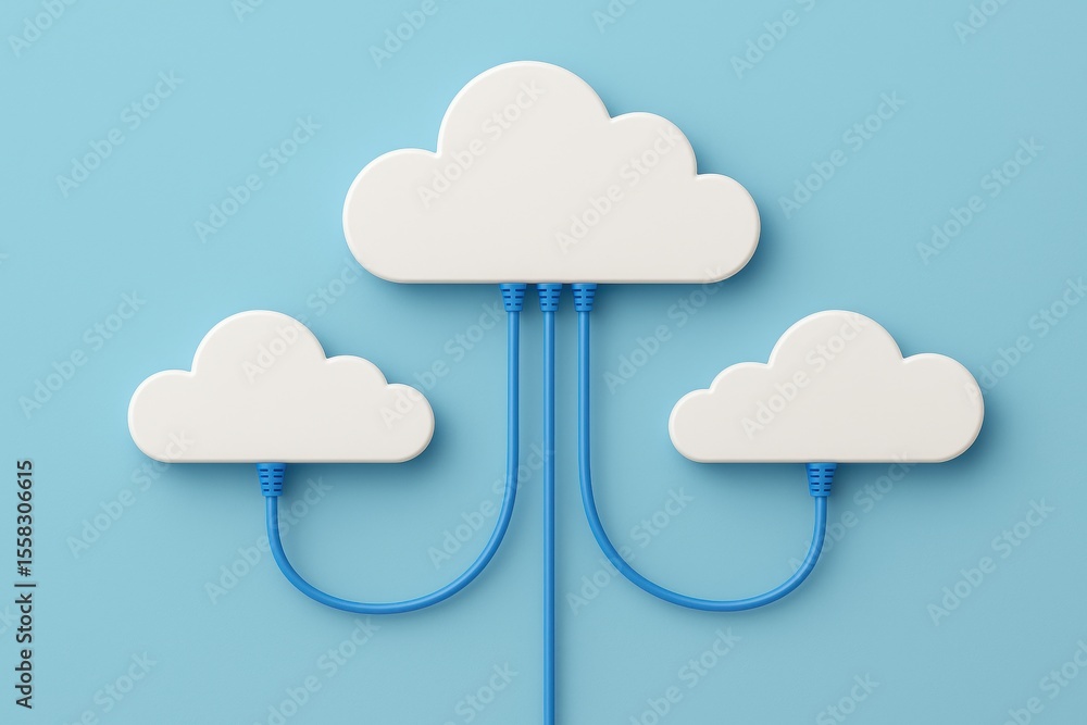 Fototapete Cloud Computing: A minimalistic image of cloud connected by a blue cable against a serene backdrop, symbolizing the power of information sharing and the essence of interconnected networks.