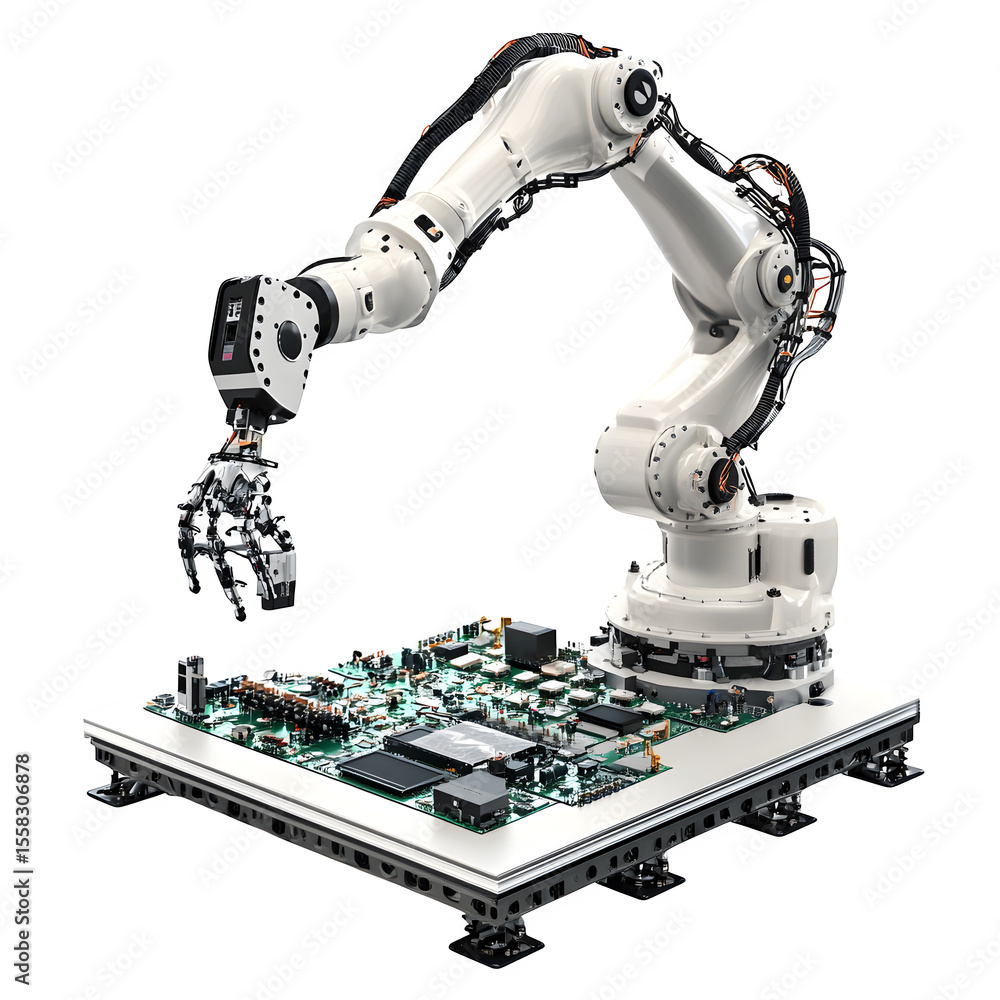 Aufkleber hyper realistic robotic arm assembling electronics isolated pure white, background subtle soft shado