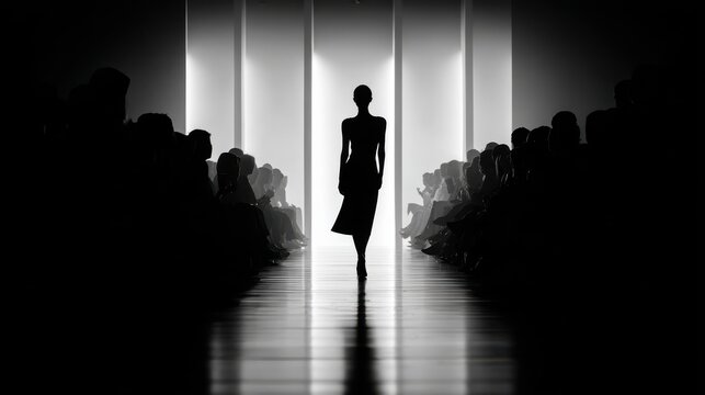 Silhouette of model walking fashion runway.