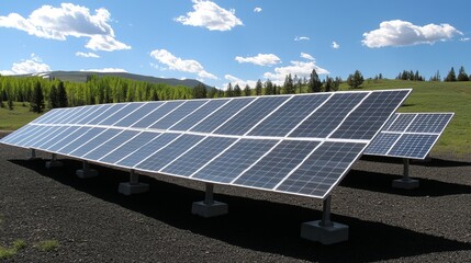 A ground-mounted solar panel array generates clean energy under a bright, sunny sky, set against a backdrop of a picturesque landscape with trees and mountains