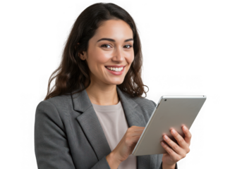 Smiling woman using digital tablet device on transparent background